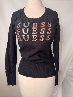GUESS Black Crewneck Sweater with Multicolor Sequin Logo